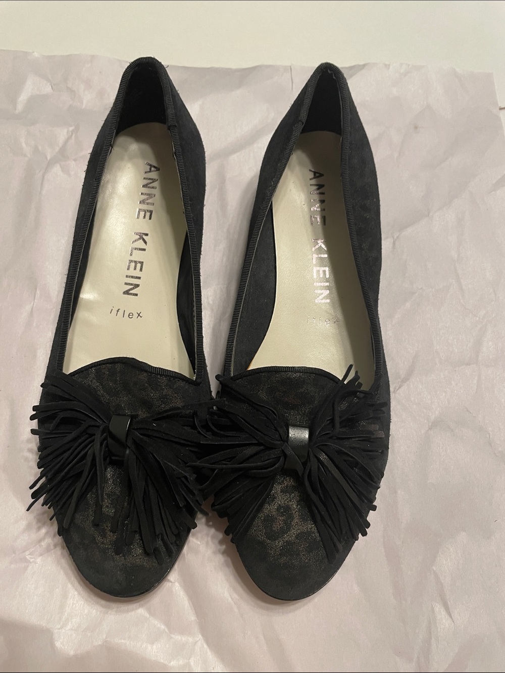 ANNE KLEIN Black Suede Fringe Tassel Pointed Flats NWOT Sz 8M